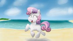 Size: 1920x1080 | Tagged: safe, artist:lomeo, sweetie belle, g4, beach, female, happy, smiling, solo