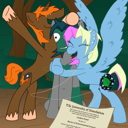 Size: 894x894 | Tagged: safe, artist:wryte, oc, oc only, oc:songbreeze, earth pony, pegasus, pony, unicorn, diploma, earring, everfree forest, hug, newbie artist training grounds