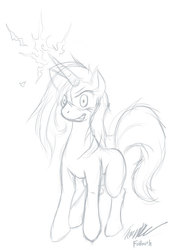 Size: 450x665 | Tagged: safe, artist:foldeath, trixie, pony, unicorn, g4, female, grin, magic, mare, monochrome, solo