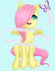 Size: 791x1011 | Tagged: dead source, safe, artist:thesuzucorn, fluttershy, butterfly, g4, chest fluff, cute, female, filly, fluffy, solo, spread wings, younger