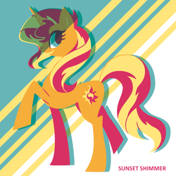 Size: 500x500 | Tagged: dead source, safe, artist:yousukou, sunset shimmer, pony, unicorn, g4, abstract background, female, raised hoof, raised leg, solo