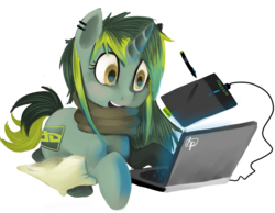 Size: 2872x2229 | Tagged: safe, artist:facerenon, oc, oc only, pony, unicorn, computer, deviantart, laptop computer, mascot, ponified, simple background, solo, tablet, transparent background