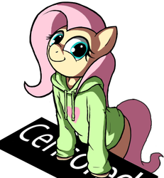 Size: 500x541 | Tagged: safe, artist:apony, fluttershy, pegasus, pony, semi-anthro, g4, bipedal, bipedal leaning, censor bar, censored, clothes, futa, futa fluttershy, hoodie, intersex, leaning, solo