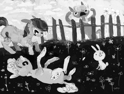 Size: 1200x908 | Tagged: safe, artist:cutebrows, daisy, flower wishes, lily, lily valley, roseluck, rabbit, g4, flower, monochrome