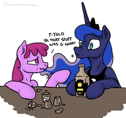 Size: 1019x953 | Tagged: safe, artist:selenophile, berry punch, berryshine, princess luna, g4, alcohol, bar, drunk, shot glass, surprised