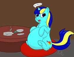 Size: 1280x992 | Tagged: safe, artist:watertimdragon, oc, oc only, oc:jester bells, beanbag, belly, fat, looking at you, sequence, solo, stuffed, stuffing