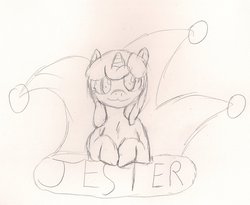 Size: 1280x1049 | Tagged: safe, artist:watertimdragon, oc, oc only, oc:jester bells, badge, looking at you, monochrome, solo, traditional art