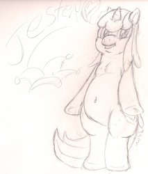 Size: 1093x1280 | Tagged: safe, artist:watertimdragon, oc, oc only, oc:jester bells, chubby, looking at you, monochrome, reference sheet, solo, traditional art