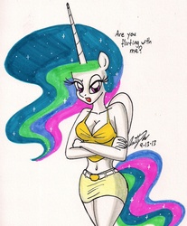 Size: 1261x1524 | Tagged: safe, artist:newyorkx3, princess celestia, anthro, g4, belly button, cleavage, clothes, female, midriff, raised eyebrow, skirt, solo, tank top, traditional art, unimpressed