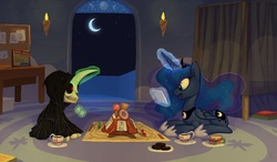 Size: 1284x750 | Tagged: safe, artist:carnifex, princess luna, skeleton pony, g4, board game, bone, candy mountain, death (equine-morphic personification), discworld, grim reaper, moon, mort, mort takes a holiday, night, skeleton