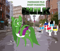 Size: 1000x850 | Tagged: safe, artist:daisyhead, oc, oc only, oc:daisyhead, oc:feral socks, oc:flicker, oc:roboshi, ponibooru film night, glasses, goatee, harlequin jester, hat, pointy ponies, psychopomf, she-hulk, the incredible hulk