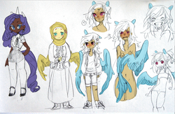 Size: 900x588 | Tagged: safe, artist:costly, fluttershy, rainbow dash, rarity, human, g4, black and white, covering, eared humanization, grayscale, hijab, horn, horned humanization, humanized, islam, islamashy, monochrome, partial color, sketch dump, tailed humanization, winged humanization, wip