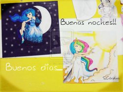 Size: 1024x768 | Tagged: safe, artist:sikiu, princess celestia, princess luna, human, g4, humanized, spanish, traditional art