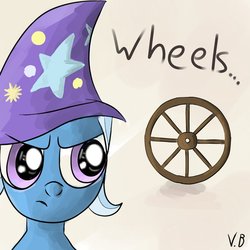 Size: 894x894 | Tagged: artist needed, safe, trixie, pony, unicorn, g4, female, mare, solo, upset, wheel, wheels trixie