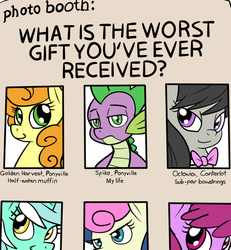 Size: 640x693 | Tagged: safe, artist:reiduran, berry punch, berryshine, bon bon, carrot top, golden harvest, lyra heartstrings, octavia melody, spike, sweetie drops, g4, parody, photo