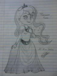 Size: 960x1280 | Tagged: safe, artist:sikiu, princess luna, human, g4, female, humanized, lined paper, monochrome, solo, traditional art