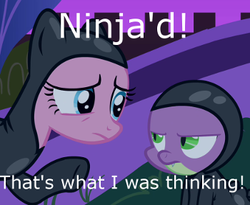 Size: 350x287 | Tagged: safe, edit, edited screencap, screencap, pinkie pie, spike, dragon, pony, g4, it's about time, catsuit, cropped, duo, ninja, reaction image, sneaking suit, text