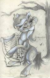 Size: 1024x1576 | Tagged: safe, artist:anightlypony, lyra heartstrings, g4, female, flower, lyre, musical instrument, solo, traditional art