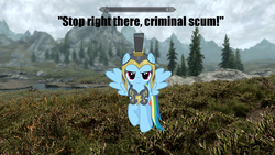 Size: 1920x1080 | Tagged: safe, commander hurricane, rainbow dash, g4, armor, female, frown, glare, helmet, looking at you, oblivion, ponies in video games, raised hoof, skyrim, solo, spread wings, stop right there criminal scum, the elder scrolls