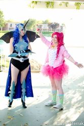 Size: 477x720 | Tagged: safe, artist:blizzardterrak, artist:kimba616, artist:raven-roth, nightmare moon, pinkie pie, human, g4, cosplay, irl, irl human, photo, sacanime