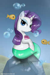 Size: 1000x1500 | Tagged: safe, artist:pijinpyon, rarity, fish, mermaid, merpony, g4, female, frown, looking at you, mermarity, rock, seashell, sitting, solo, underwater