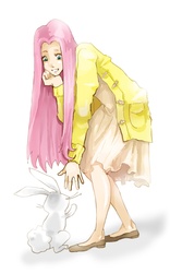 Size: 1200x1920 | Tagged: safe, artist:amanemiss, angel bunny, fluttershy, human, rabbit, g4, clothes, coat, cute, dress, female, grin, humanized, looking down, smiling, solo