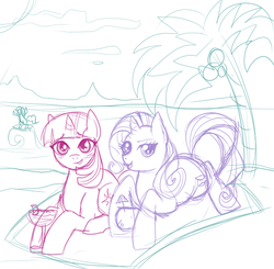 Size: 544x533 | Tagged: safe, artist:lulubell, pinkie pie, rarity, twilight sparkle, g4, beach, sketch