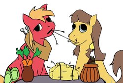 Size: 900x606 | Tagged: safe, artist:stileelits, big macintosh, caramel, earth pony, pony, g4, carrot, duo, food, gay, hay, lady and the tramp, male, ship:caramac, shipping, spaghetti scene, stallion