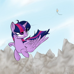 Size: 1000x1000 | Tagged: safe, artist:rodolfomushi, twilight sparkle, alicorn, pony, g4, female, flying, kite, mare, solo, twilight sparkle (alicorn)