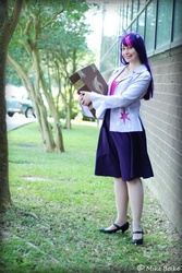 Size: 518x774 | Tagged: safe, artist:mandyneko, twilight sparkle, human, g4, 2012, book, clothes, convention, cosplay, elements of harmony, irl, irl human, louisianime, photo, skirt, solo