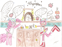 Size: 2212x1700 | Tagged: safe, artist:milesderpy, pinkie pie, earth pony, pony, g4, amy rose, apron, bandana, bipedal, bowl, clothes, crossover, curtains, destiny manifesto, faucet, sonic the hedgehog (series), spoon, traditional art, window