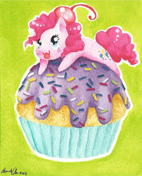 Size: 802x995 | Tagged: safe, artist:sushicow, pinkie pie, g4, cupcake, cute, female, food, micro, solo, traditional art, watercolor painting