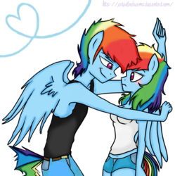 Size: 891x896 | Tagged: dead source, source needed, safe, artist:jaquelindreamz, rainbow dash, anthro, g4, breasts, duo, female, male, rainbow blitz, rule 63, self ponidox, selfcest, ship:dashblitz, shipping, straight