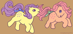 Size: 1024x489 | Tagged: safe, artist:moogleymog, baby lemon drop, baby peachy, earth pony, pony, g1, baby, baby lemondropabetes, baby peachybetes, baby pony, bow, brown background, cute, duo, female, filly, galloping, open mouth, open smile, running, simple background, smiling, tail, tail bow
