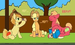 Size: 900x539 | Tagged: safe, artist:stileelits, applejack, big macintosh, braeburn, earth pony, pony, g4, beer, drink, king of the hill, male, stallion