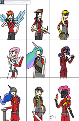 Size: 1653x2548 | Tagged: safe, artist:sigmatheartist, applejack, derpy hooves, fluttershy, pinkie pie, princess celestia, princess luna, rainbow dash, rarity, twilight sparkle, human, ask ponies as humans, g4, crossover, humanized, team fortress 2