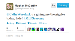 Size: 595x326 | Tagged: safe, g4, season 4, cathy weseluck, meghan mccarthy, meghan mccarthy hype train, text, twitter