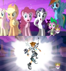 Size: 638x693 | Tagged: safe, applejack, fluttershy, pinkie pie, rainbow dash, rarity, spike, g4, alicorn flash, disney, exploitable meme, final form, hub logo, kingdom hearts, meme, sora