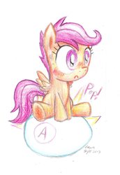 Size: 1010x1467 | Tagged: safe, artist:cazra, scootaloo, pegasus, pony, g4, blushing, egg, egg laying, female, filly, oviposition, scootachicken, simple background, solo, sweat, traditional art, white background