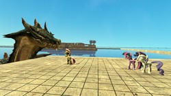 Size: 1344x756 | Tagged: safe, fluttershy, rarity, twilight sparkle, lagiacrus, g4, 3d, gmod, monster hunter