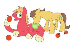 Size: 900x539 | Tagged: safe, artist:stileelits, big macintosh, caramel, earth pony, pony, g4, apple, biting, butt bite, duo, floppy ears, gay, male, ship:caramac, shipping, stallion