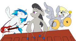 Size: 900x493 | Tagged: safe, artist:stileelits, derpy hooves, dj pon-3, octavia melody, vinyl scratch, pegasus, pony, g4, female, floppy ears, mare, musical instrument