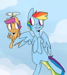 Size: 455x512 | Tagged: safe, artist:meowing-ghost, rainbow dash, scootaloo, pegasus, pony, g4, cloud, duo, female, filly, flying, foal, hat, implied tank, looking at each other, looking at someone, mare, no pupils, propeller hat, role reversal, sky, sky background, smiling, smiling at each other