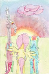 Size: 725x1102 | Tagged: safe, discord, fluttershy, rainbow dash, g4, shipping, sunset, traditional art, watercolor painting