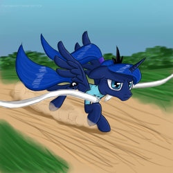 Size: 1024x1024 | Tagged: safe, artist:chaosmalefic, princess luna, g4, alternate hairstyle, clothes, determined, female, finish line, floppy ears, magic shirt, ponytail, race, running, solo, t-shirt