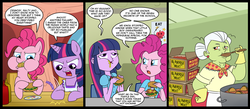 Size: 1700x743 | Tagged: safe, artist:madmax, granny smith, pinkie pie, twilight sparkle, horse, pony, equestria girls, g4, accidental cannibalism, apron, are equestrian girls human?, barbarian, burger, cafeteria, cannibalism, clothes, comic, cooking, deep fried, female, food, forbidden flavor, hamburger, horse burger, horse meat, implied cannibalism, implied murder, kitchen, male, mare, mystery meat, omnivore twilight, ponies eating meat, secrets of the school, simpsons did it, sloppy jimbo, sloppy joe, the simpsons, twilight burgkle