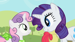 Size: 800x450 | Tagged: safe, screencap, apple bloom, rarity, sweetie belle, earth pony, pony, unicorn, g4, sisterhooves social, female, filly, looking at each other, mare