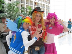 Size: 1024x768 | Tagged: safe, artist:aktrez, artist:scruffyrebel, artist:xsoulxxxreaperx, applejack, pinkie pie, rainbow dash, human, g4, cosplay, irl, irl human, photo