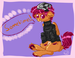 Size: 1000x778 | Tagged: safe, artist:coppahhead, scootaloo, pegasus, pony, ask ftm scootaloo, g4, ask, bandage, beanie, breast binding, clothes, colored hooves, floppy ears, hat, hooves, male, solo, sweater, trans male, trans stallion scootaloo, transgender, tumblr, unshorn fetlocks