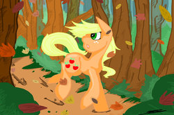 Size: 1024x679 | Tagged: safe, artist:mheowthy, applejack, g4, autumn, female, forest, leaves, looking back, running, solo